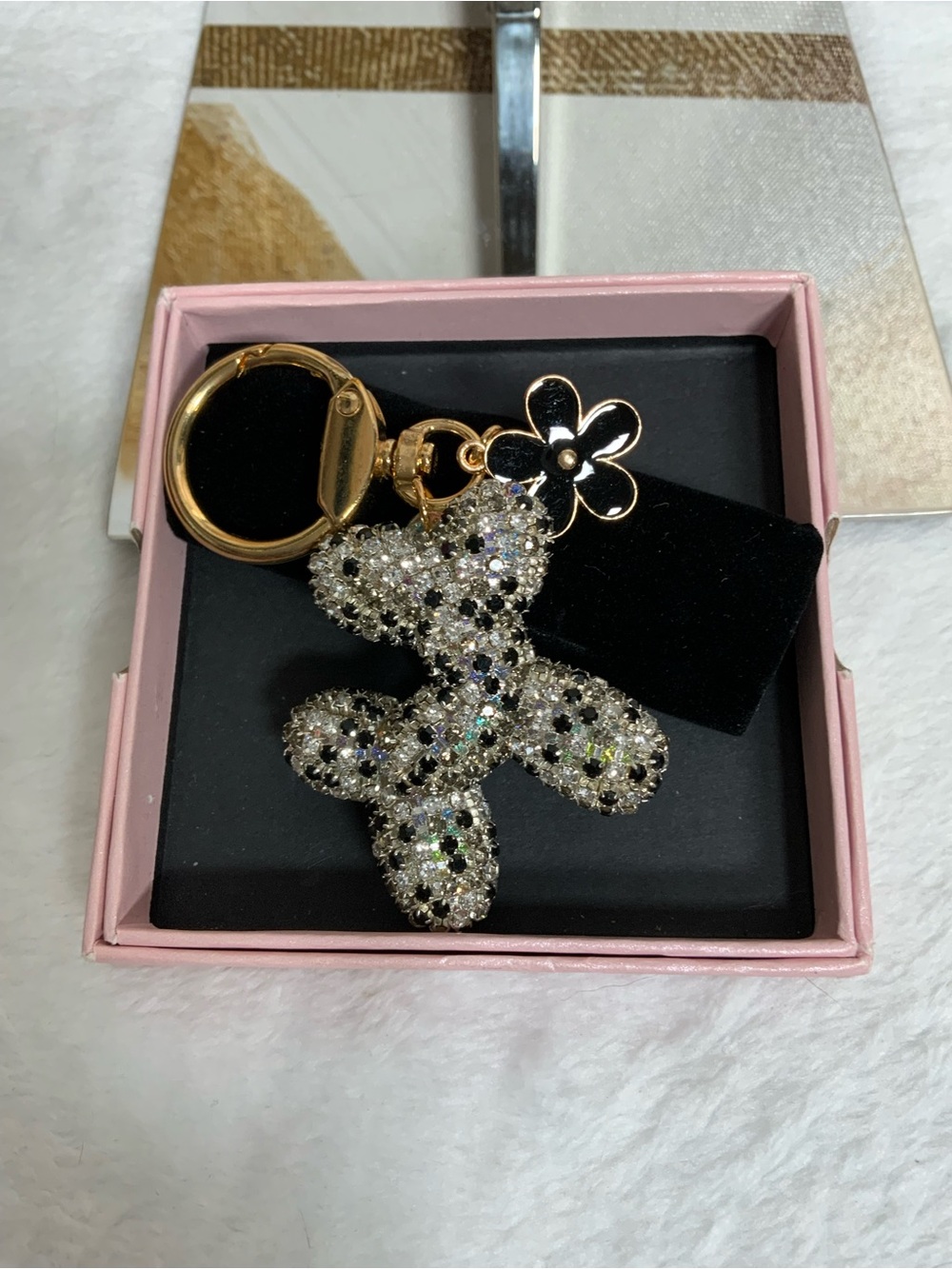Sparkling Balloon Dog Crystal Keychain with Gold Flower Accent - Pink Box